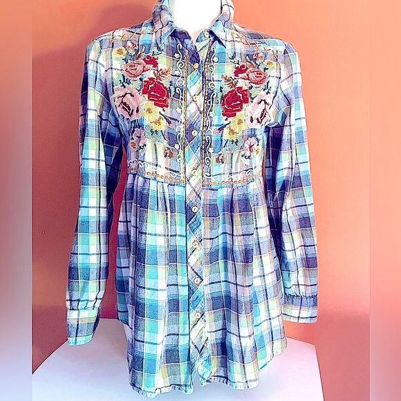 Johnny Was Workshop BOHO Embroidered Plaid Top